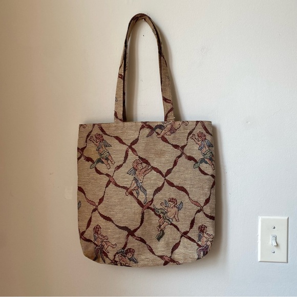 Handbags - Vintage Beige Tote Bag with Artistic Design Ángels